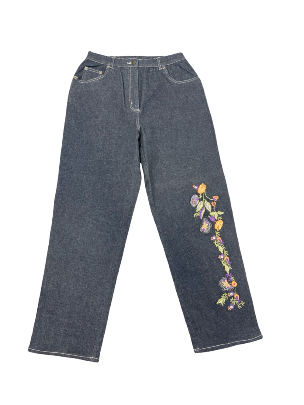 Denim & Co Embroidered Floral Jeans Sz12 Straight Leg Dark Wash Boho Cottagecore
